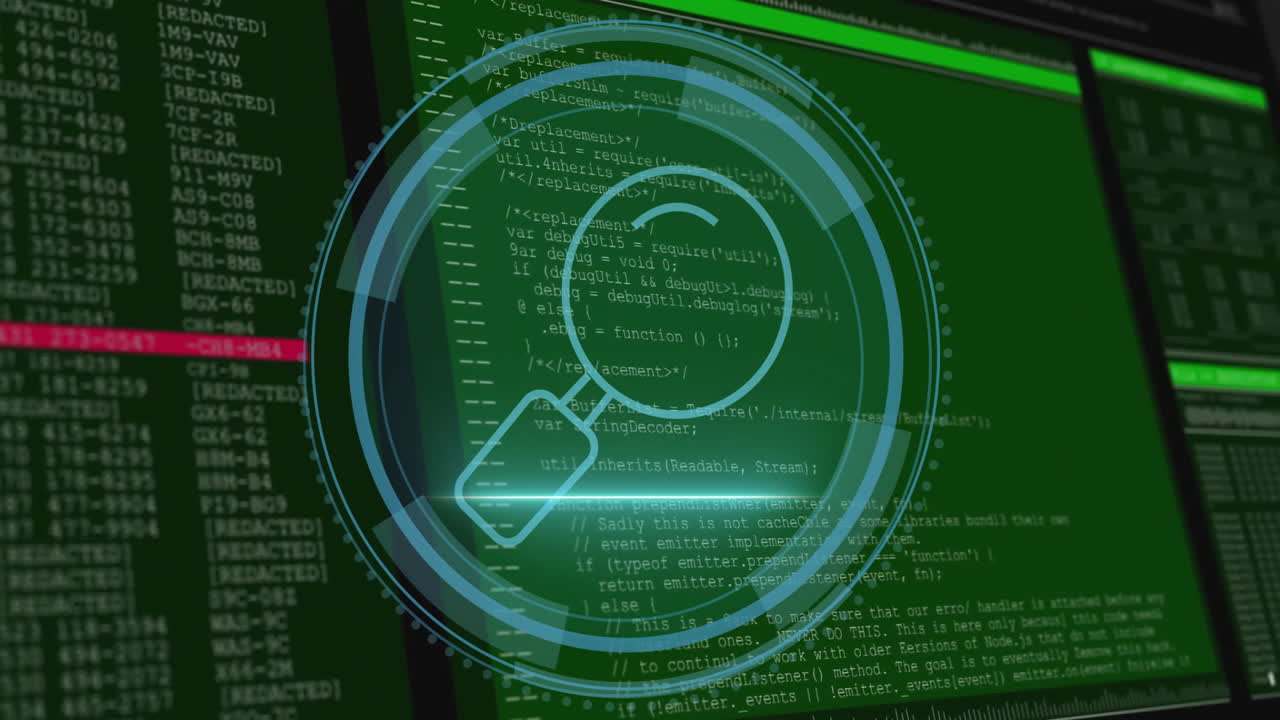 Magnifying glass animation over green computer code and data analysis screen