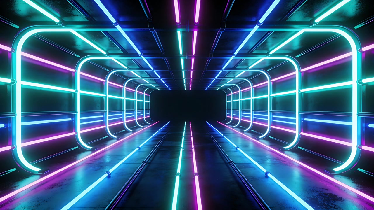 Sequenza di illuminazione che crea un tunnel al neon pulsante verso un portale oscuro, evocando movimento con binari illuminati.