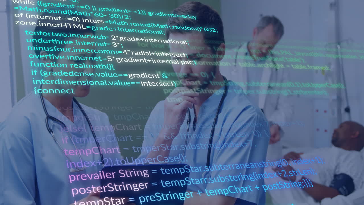 Analyzing data, medical professionals using animation overlay in school setting