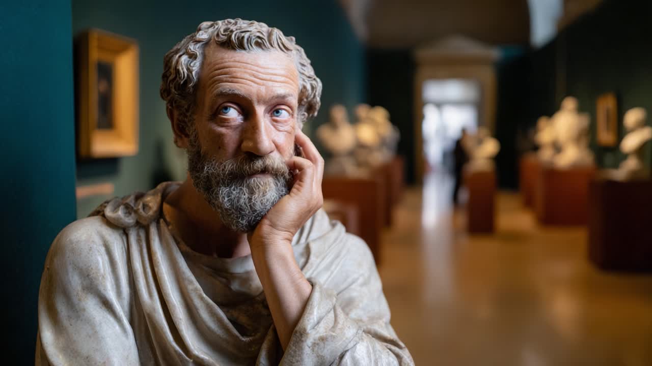Una figura scultorea profondamente contemplativa, che emana saggezza e ponderatezza, situata in una galleria che espone numerosi busti classici e capolavori artistici.