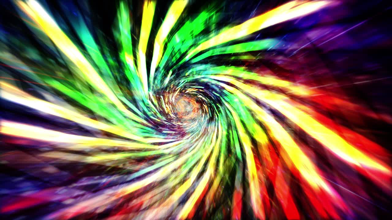 Loop of Abstract hypnotic multicolored hyperspace dark vortex warp tunnel through time and space animation. Loop Sci-Fi interstellar travel through wormhole in hyperspace vortex tunnel.