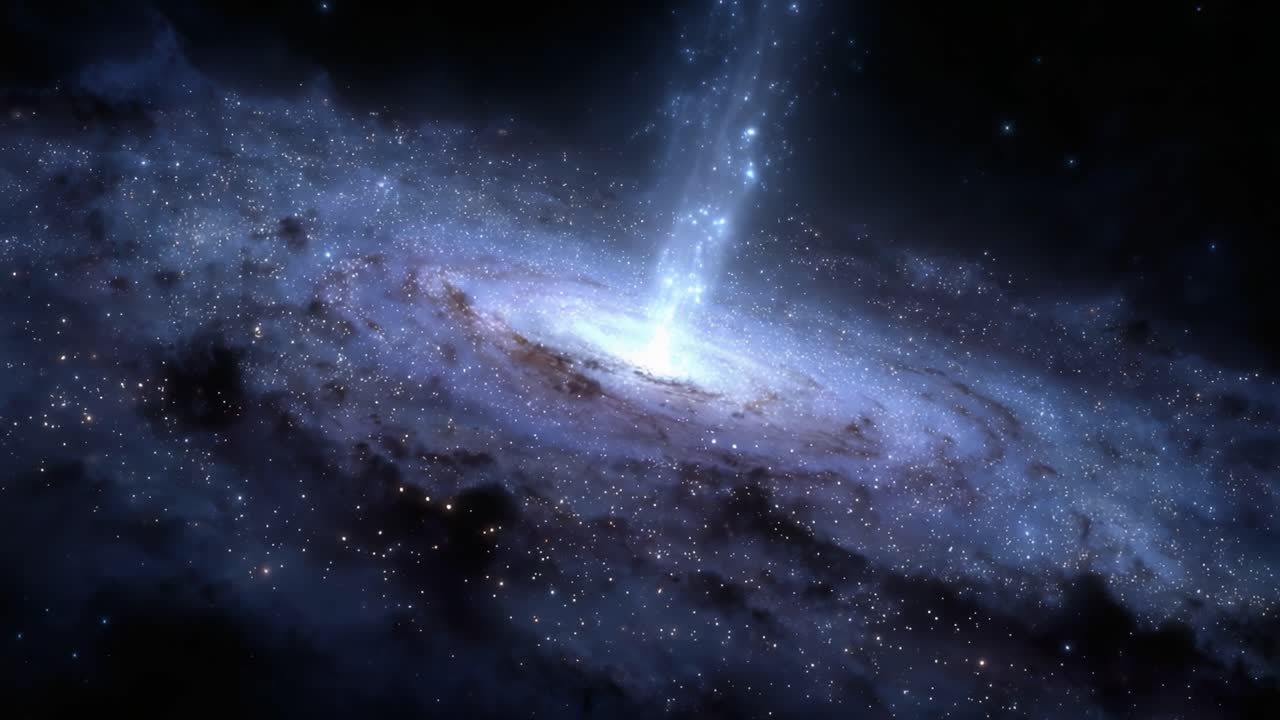 En betagende visuel rejse gennem en kosmisk spiralgalakse med en dynamisk jetstråle, der udgår fra dens kerne og oplyser rummets uendelighed i betagende detaljer.