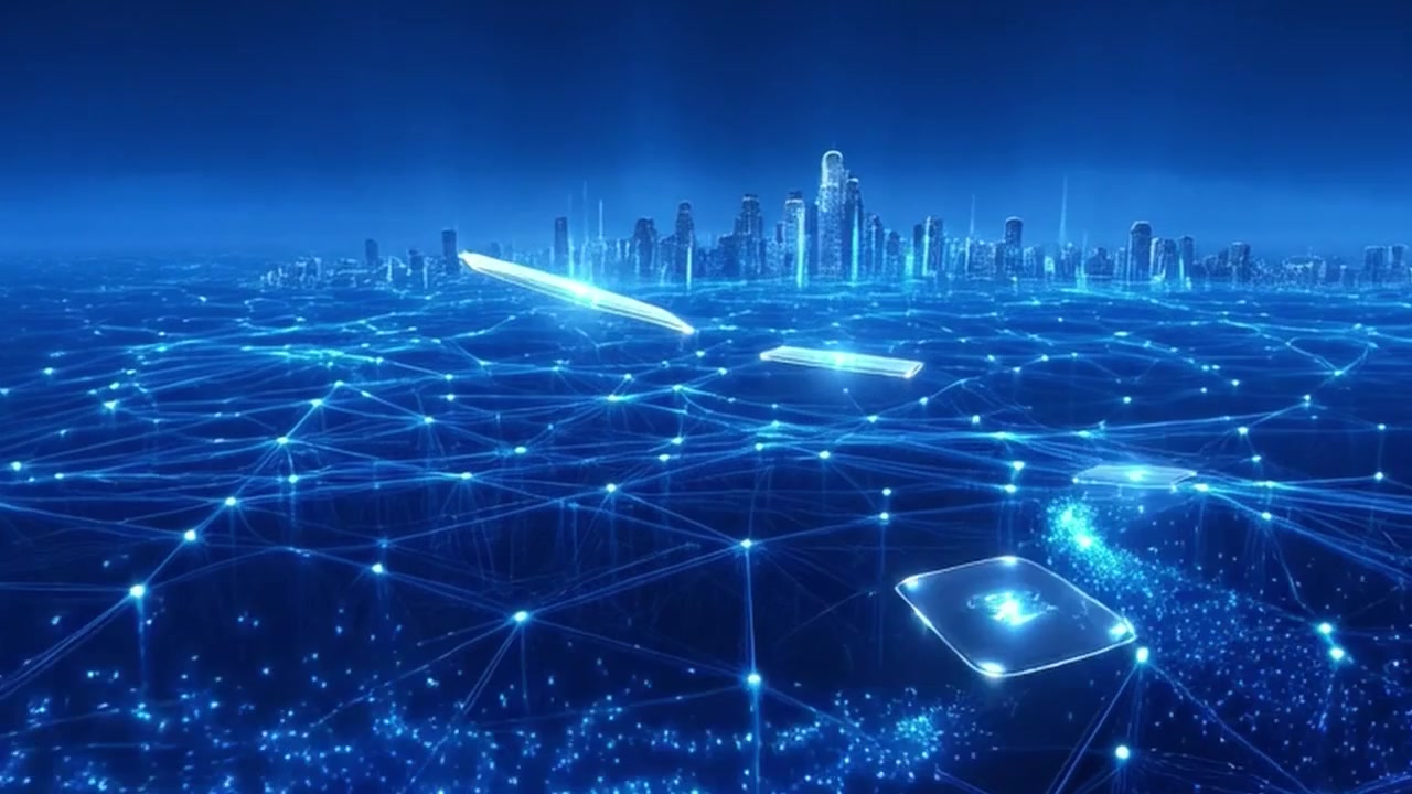 Digital Network Connection Flowing Toward a Futuristic City Skyline