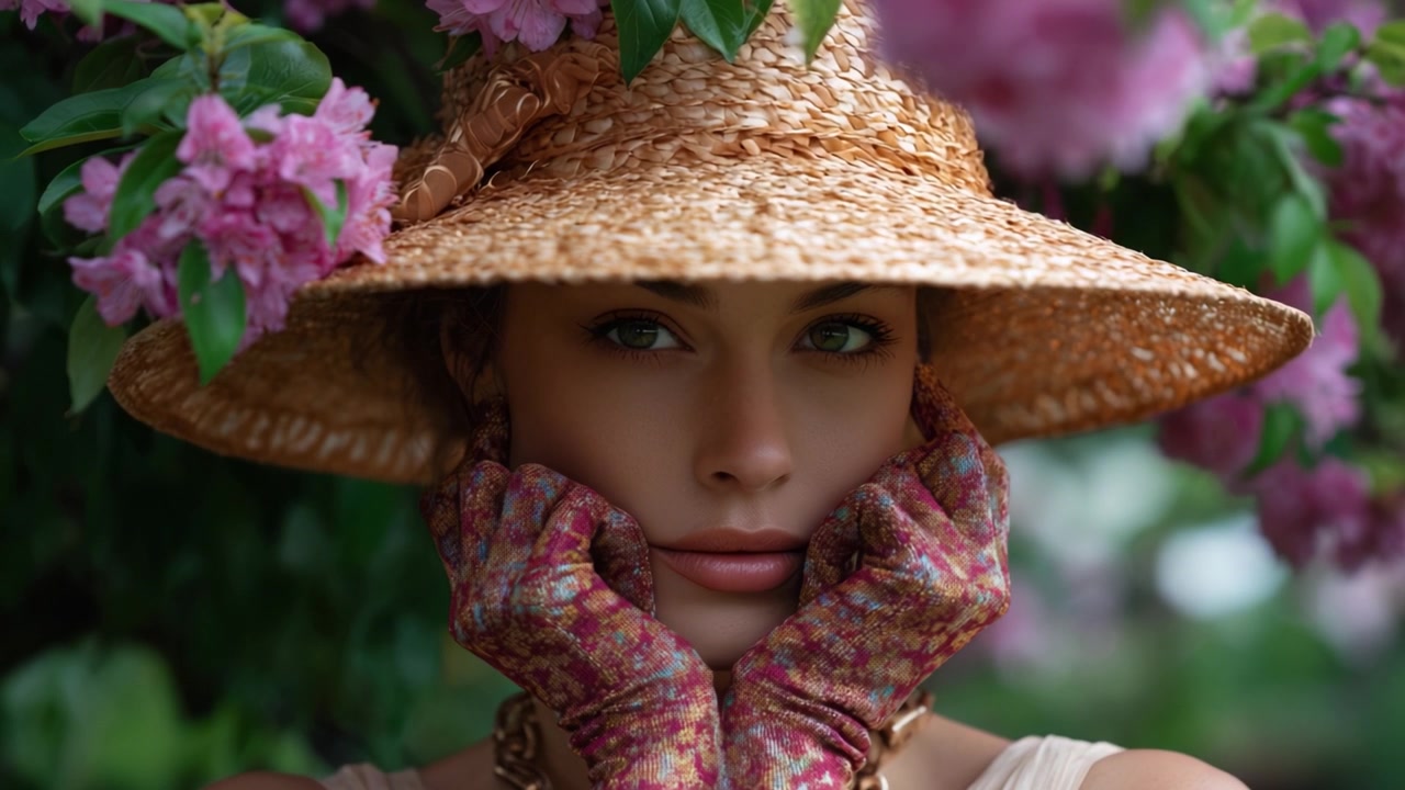 Una donna serena con un cappello di paglia e guanti eleganti posa con grazia tra fiori di lillà in fiore, mettendo in mostra bellezza naturale e moda in un ambiente vivace.