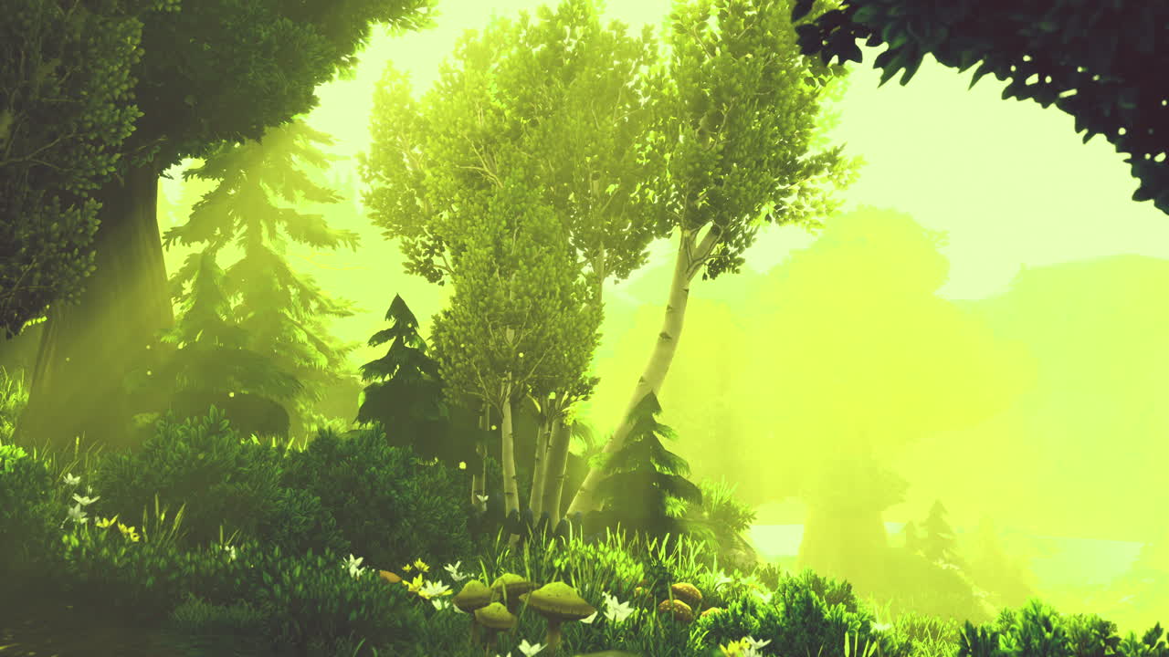 Bright sunlight filtering through lush green trees in a serene forest setting