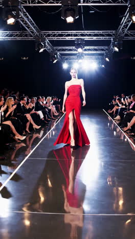 model in red gown on runway at fashion show