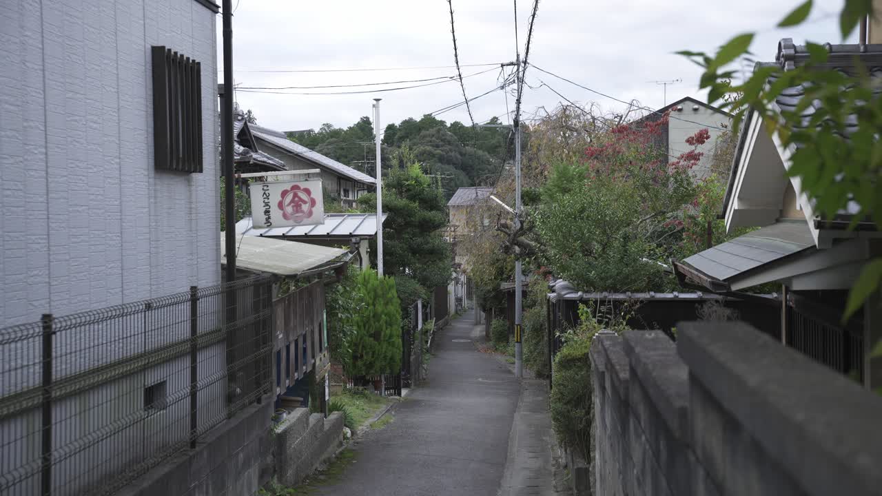 푸른 잎자루로 둘러싸인 교토의 조용한 골목은 자연과 전통적인 일본 거리의 매력을 완벽하게 혼합하는 평화로운 피난처를 제공합니다.