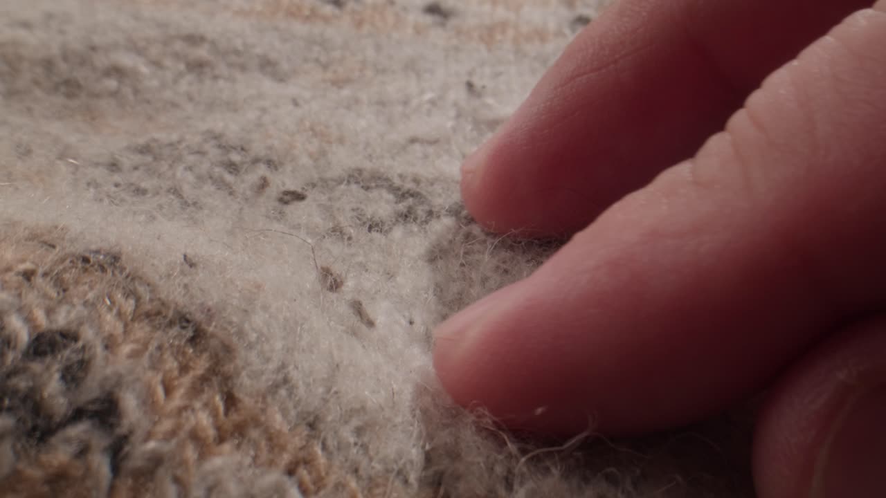 Primo piano di una mano che affonda nelle fibre sporche di un tappeto