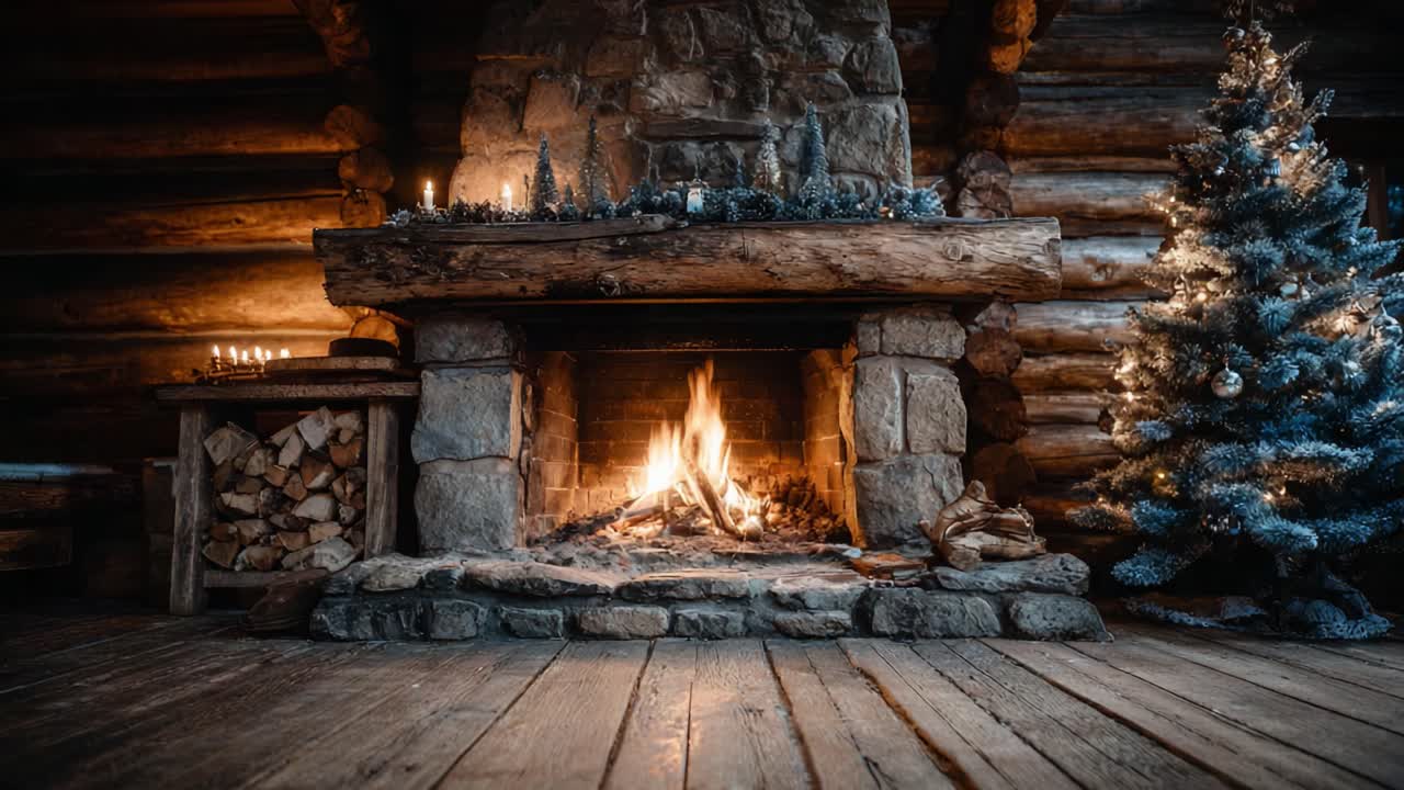 Cozy Cabin Interior with a Warm Fireplace and Decorated Christmas Tree, Capturing the Essence of Winter Festivity and Comfort in a Rustic Setting