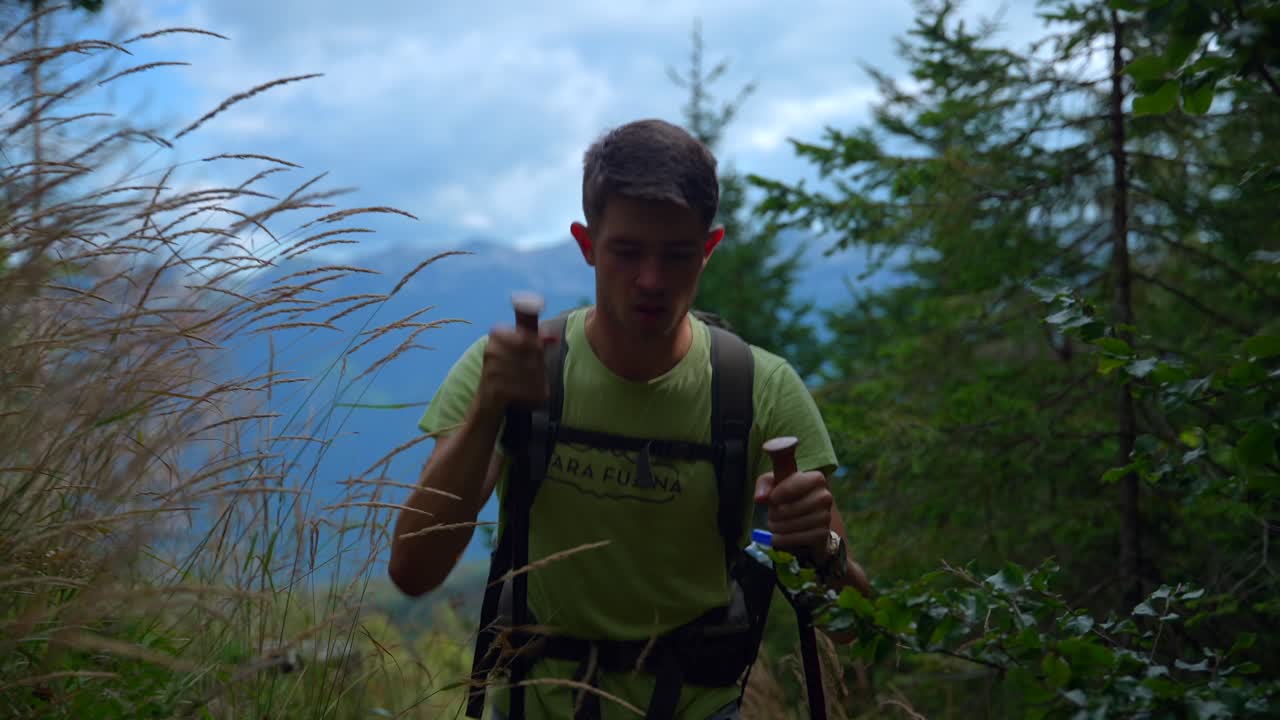 hombre caminando en el bosque a la montaña con