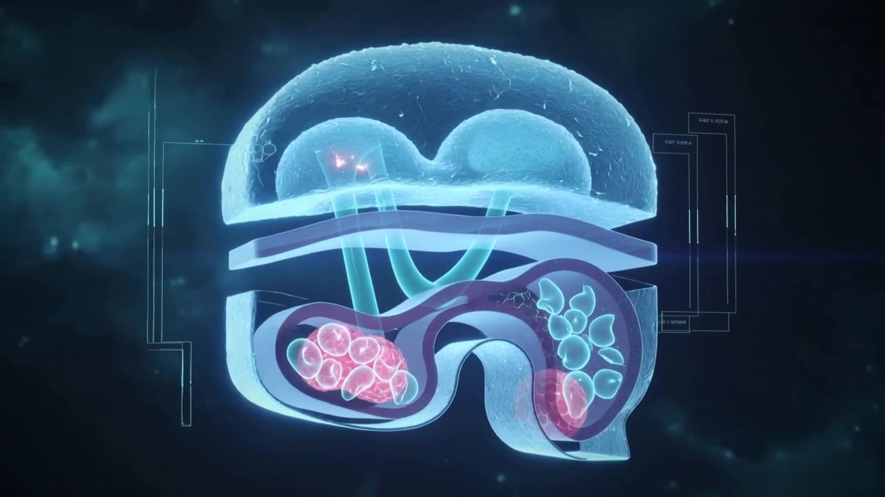 Booting holographic organ model rotating in dark lab, showing glowing nodules, tubes, HUD for study