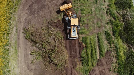 bulldozer on countryside meadow. top down view of bulldozer working on the field
