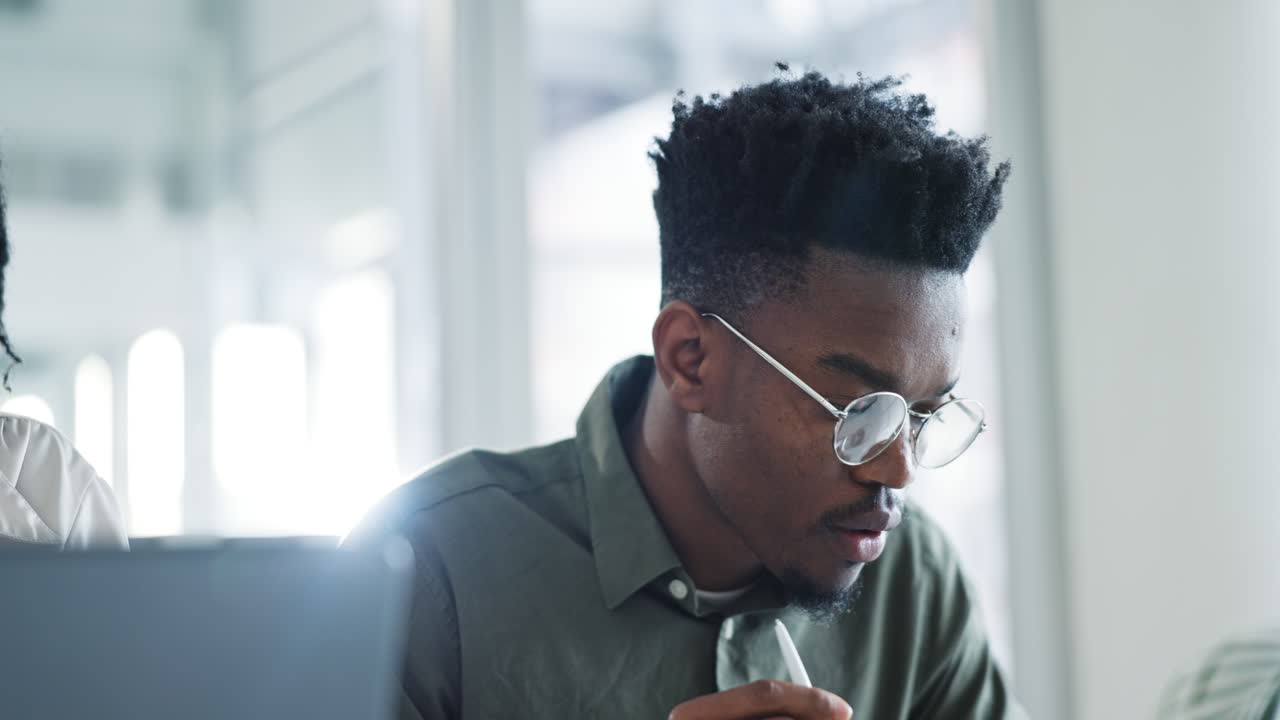 Thinking, planning and black man with a tablet