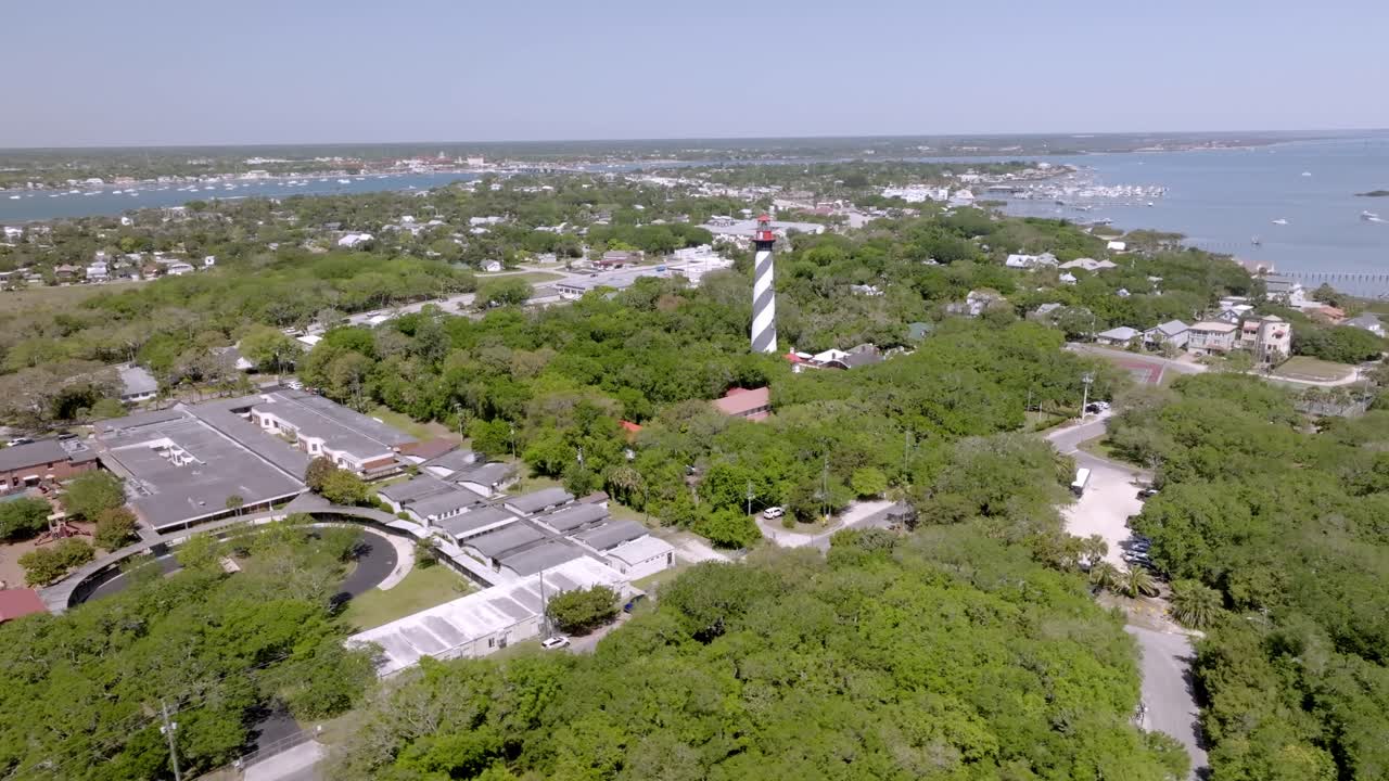 St. Augustine lighthouse in St. Augustine, Florida with drone video moving in a wide circle.