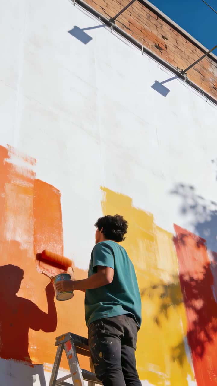 Video vertical: Rodillo sumergiéndose, pintor con camiseta verde azulado en una escalera cubriendo una pared de naranja con una taza.