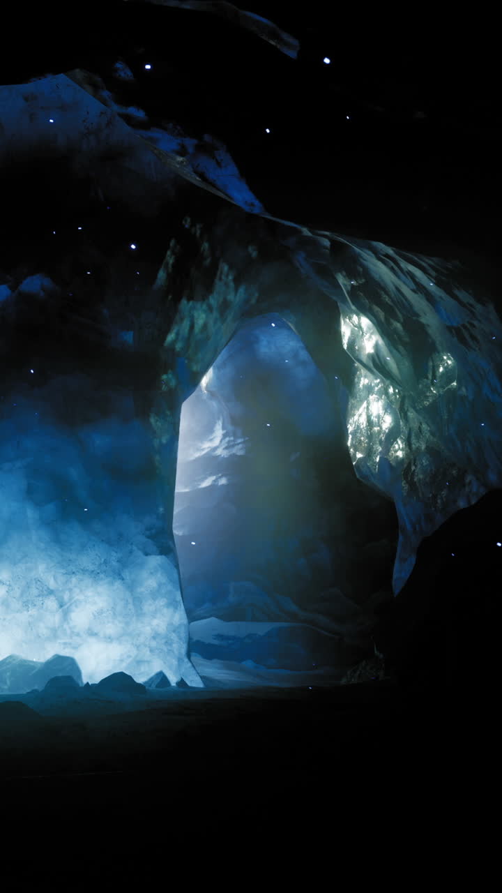 Una grotta di ghiaccio illuminata rivela la sua bellezza naturale durante l'esplorazione notturna