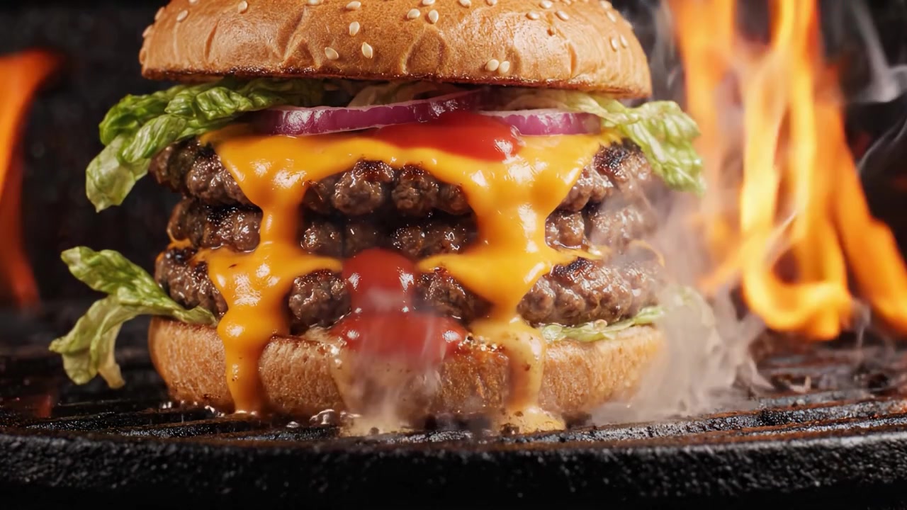 Un appetitoso hamburger a tre strati con cheddar fuso e ricco di sapore, perfettamente grigliato e guarnito con lattuga fresca e salse, in mezzo alla passione ardente della cucina