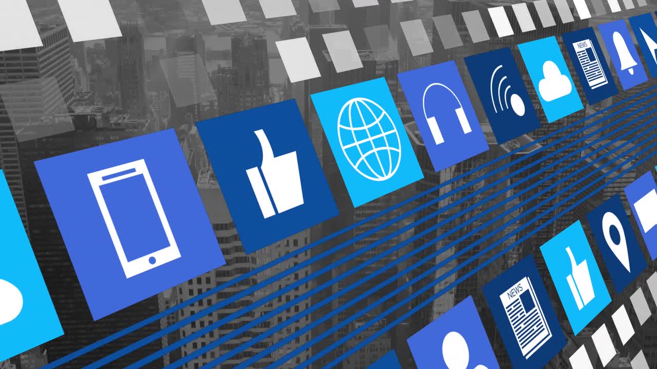 도시 풍경 위의 데이터 처리 및 아이콘의 애니메이션