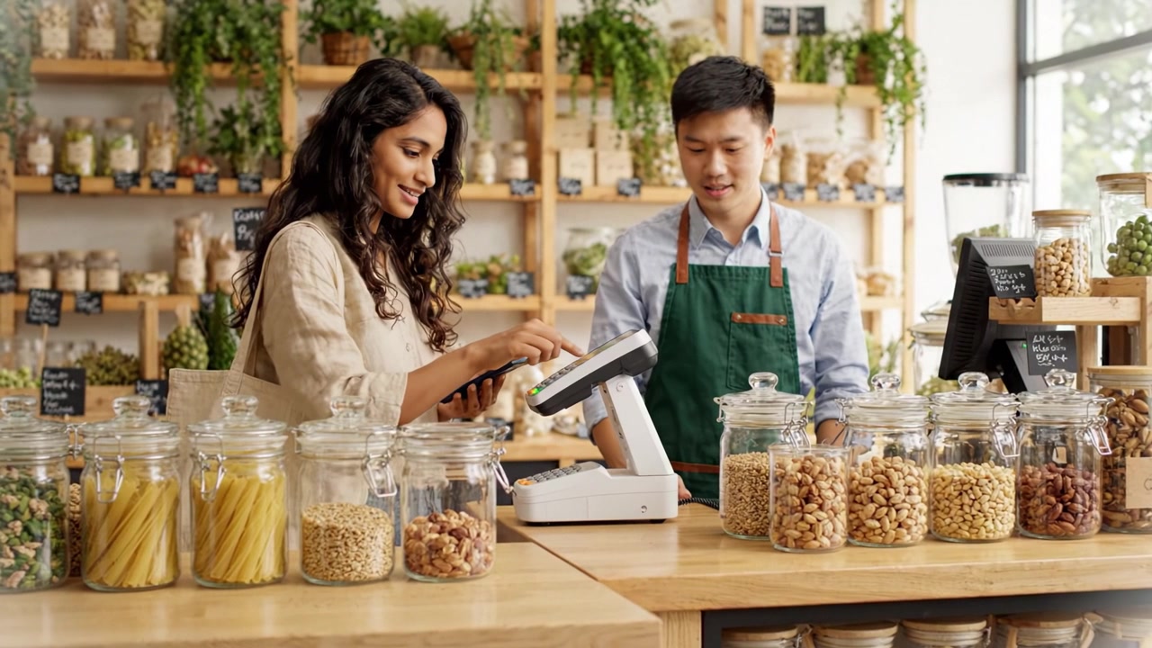 Uma Interação Amigável em uma Loja de Alimentos Naturais: Cliente e Caixa Envolvidos com Produtos Frescos em um Ambiente Aconchegante e Bem Abastecido