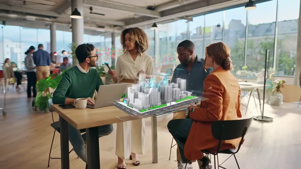 Diverse Business Team Discussing Holographic City Model in Modern Office