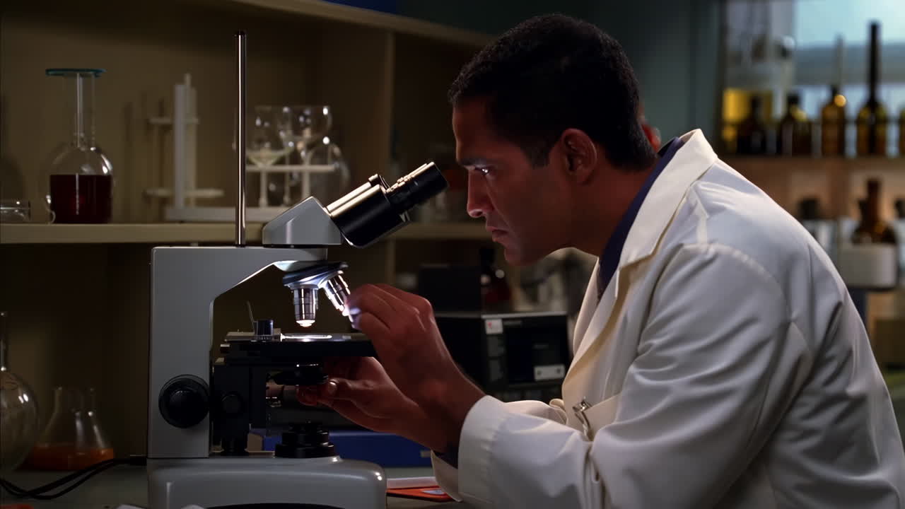 A scientist examines a sample using a microscope in a laboratory