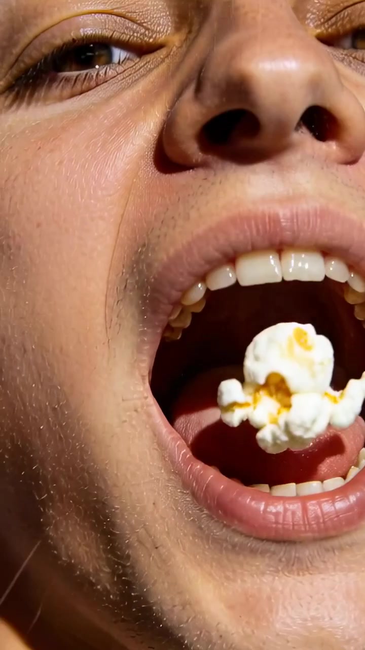 Video verticale: Un chicco di popcorn atterra, un adolescente lo afferra e cerca di mangiarlo con la lingua, sorridendo in primo piano.