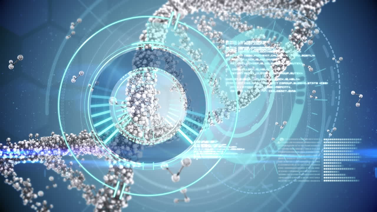 파란색 배경에 데이터 처리에 대한 범위 스캐닝과 dna  ⁇ 의 애니메이션