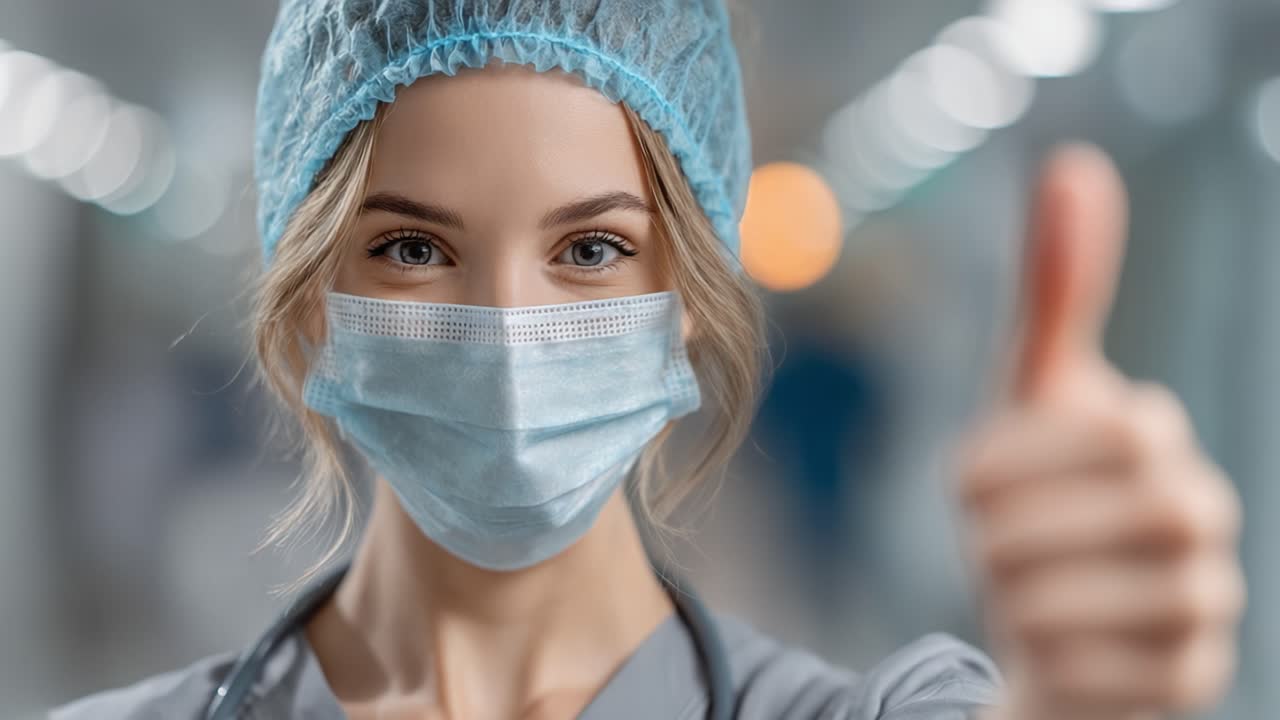 A healthcare professional gives a thumbs up in a hospital corridor, showcasing confidence and positivity while wearing a face mask and surgical cap