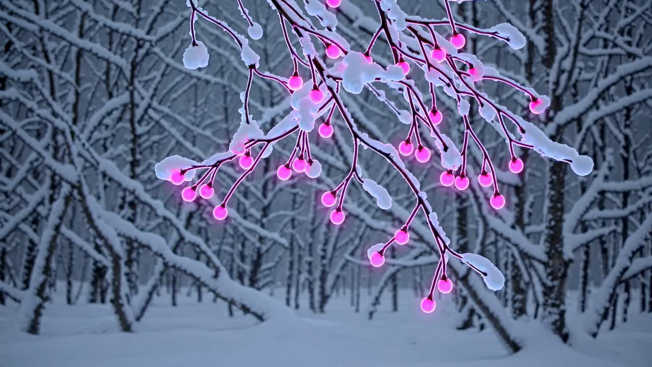 숲의 눈 인 가지에 분홍색 불빛이
