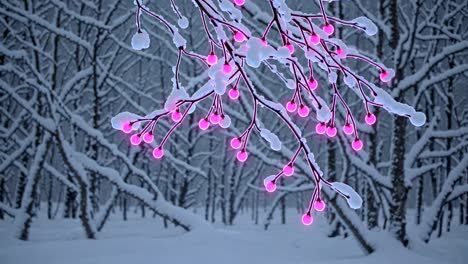 pink lights on snowy branches in a forest