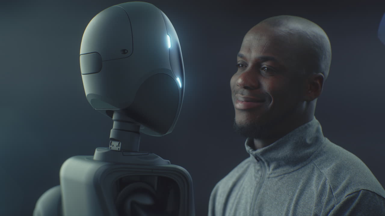 Man Smiling Warmly While Looking Futuristic AI Robot With Glowing Accents (Stock Footage)