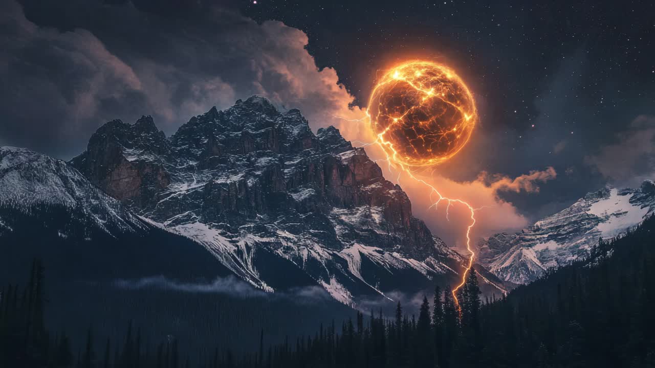 Fiery Celestial Orb Over Snowy Mountains