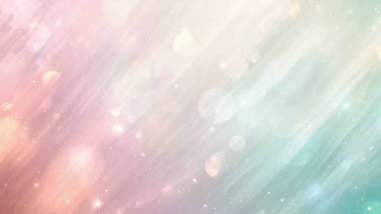 ピンクからティールへ変化するグラデーションが画面上でループし、筋、ボケ、火花を伴う背景として機能します。