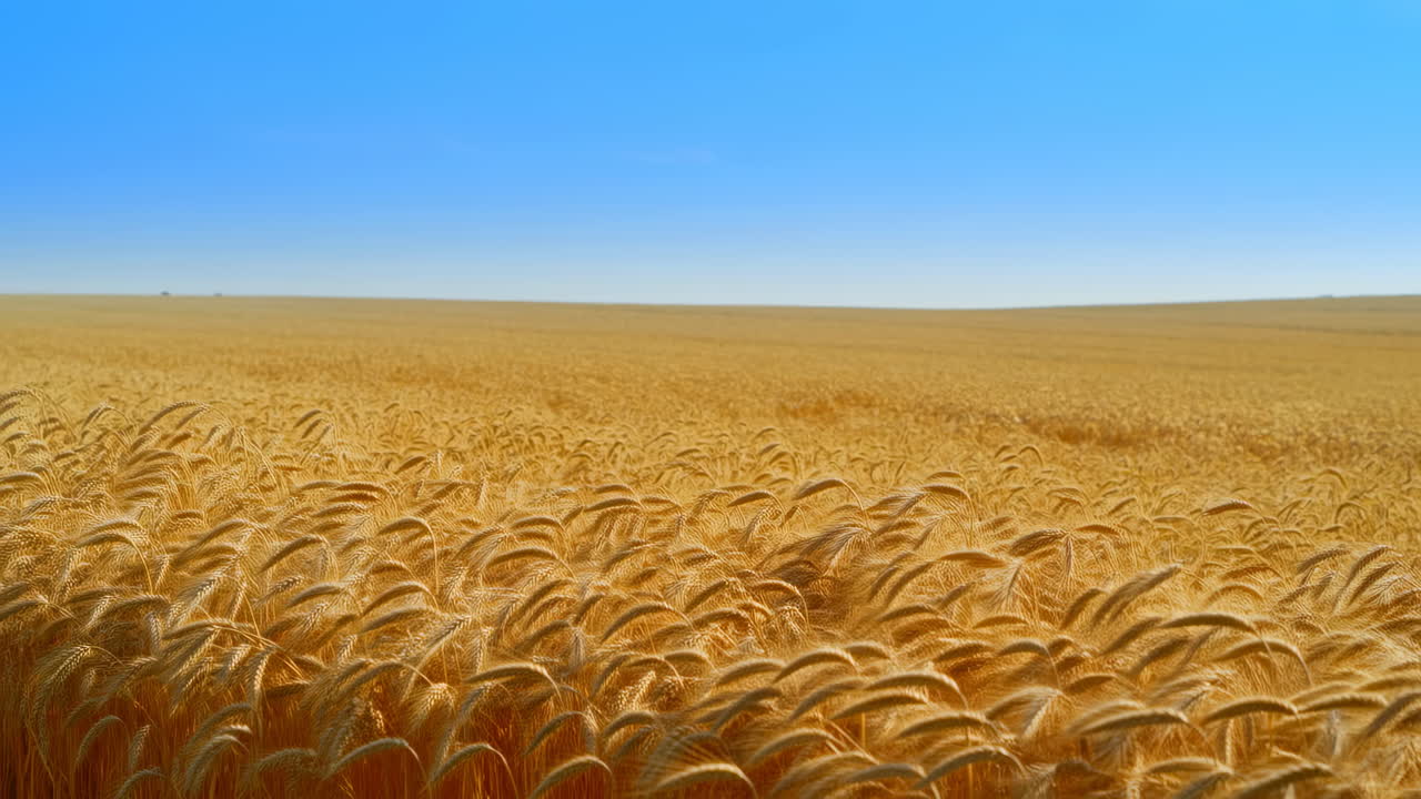 Golden Wheat Field Swaying Gently Under Clear Blue Sky