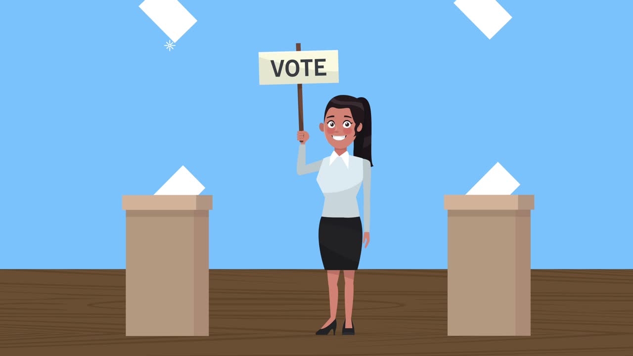 투표 배너와 투표 상자를 가진 여성 후보자