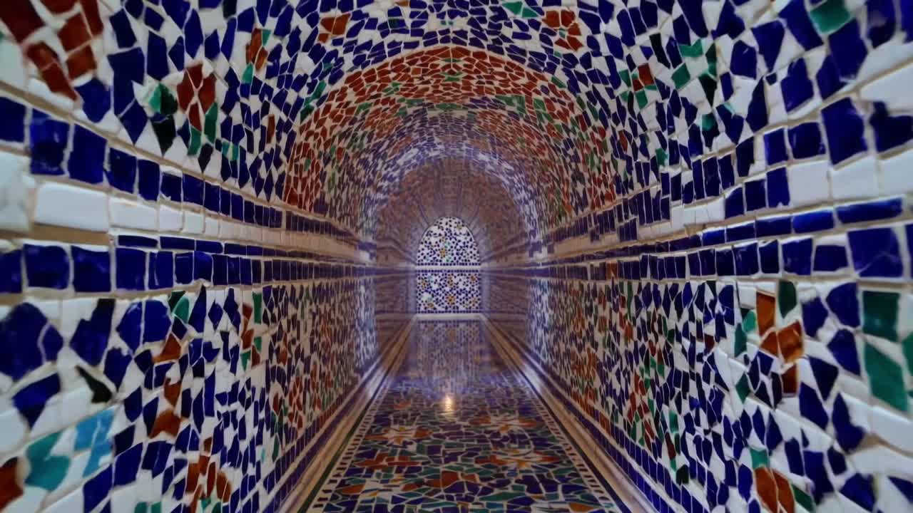 Vibrant mosaic tunnel with intricate patterns and colors, showcasing a continuous flow of artistic tiles leading into a captivating illuminated archway