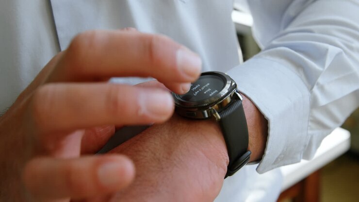 Male executive using smartwatch in office 4k