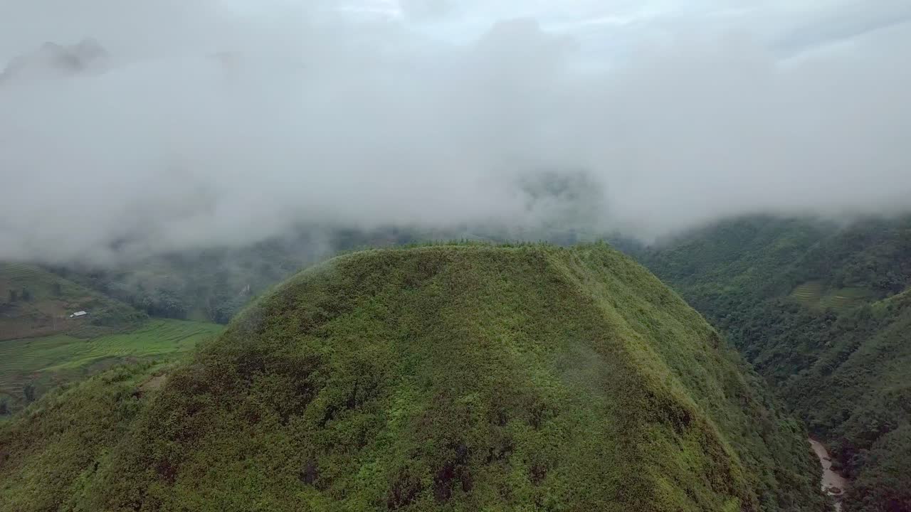 Foggy mountains in Sapa Vietnam filmed with a Drone