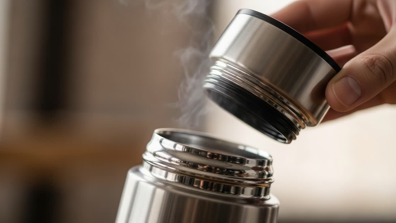 Steam Rising from a Stainless Steel Thermos as the Lid is Removed, Capturing the Moment of Hot Liquid Release from a Beverage Container
