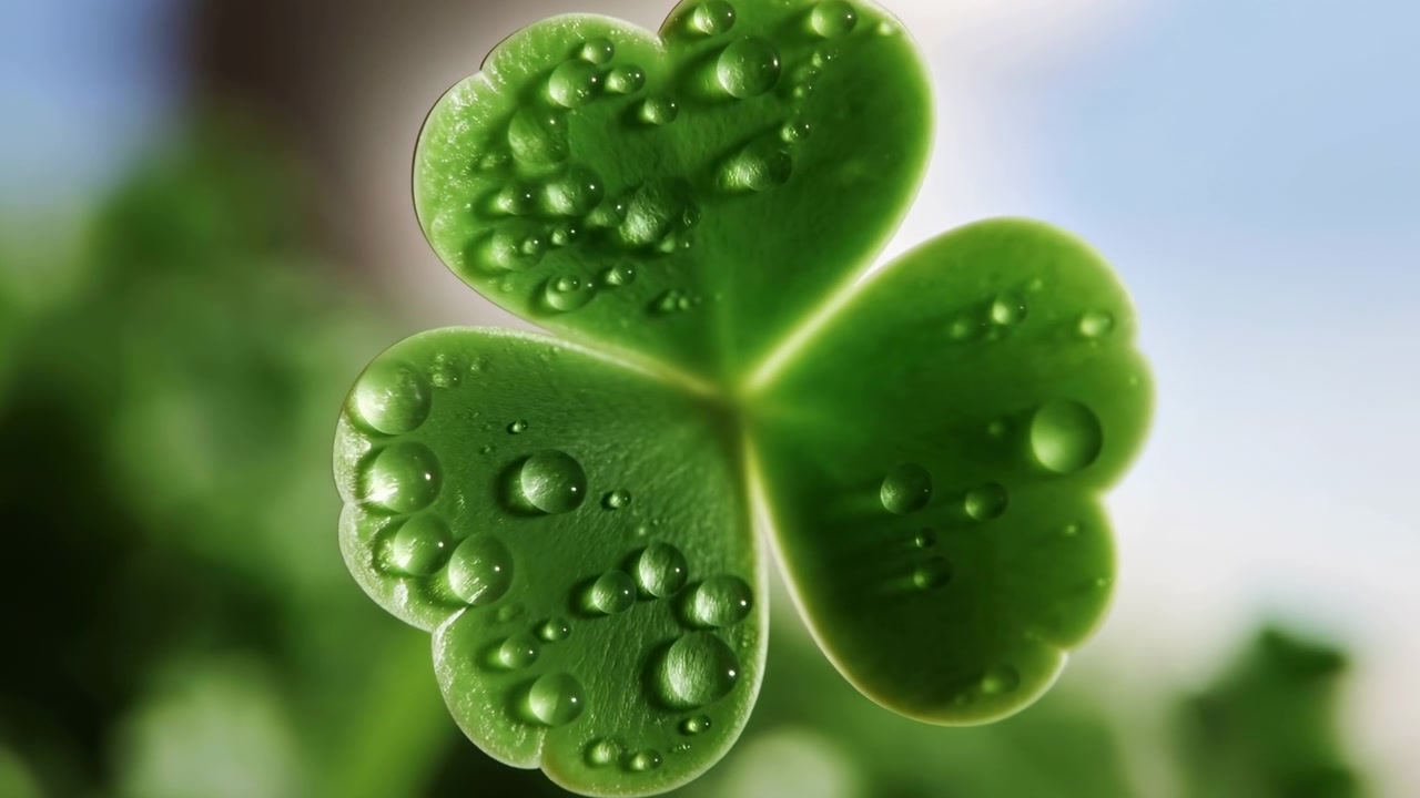 Extreme close-up of three heart-shaped clover leaflets holding multiple spherical water droplets at rest, showing textured surface, shallow vein ridges, and bright glassy reflections