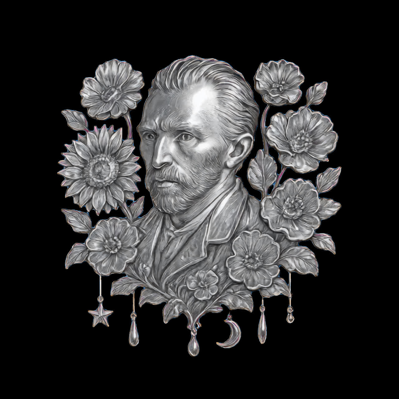 Vincent van Gogh Metallelement-Animation als isoliertes Asset, transparentes 4K-Video, Alphakanal, ProRes.
