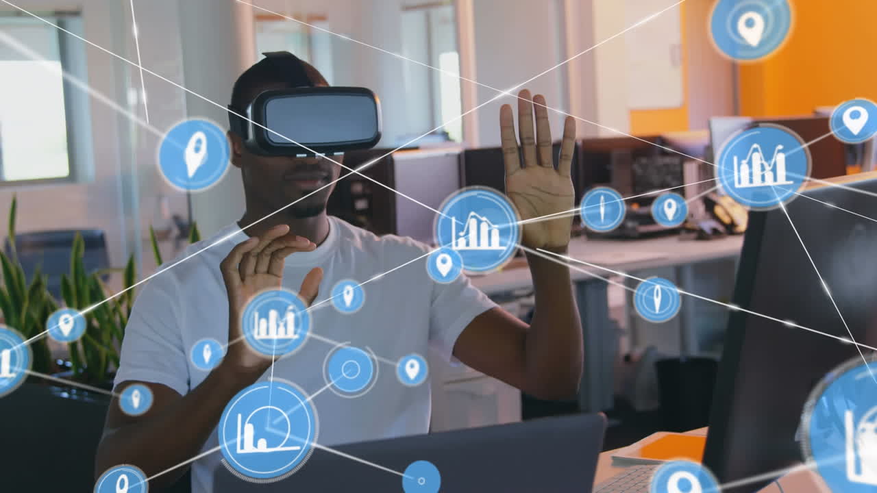Animation of networks of connections and businessman wearing phone vr headset
