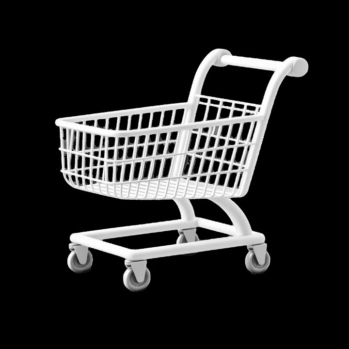 Carrello della spesa 3D bianco che ruota su sfondo nero.
