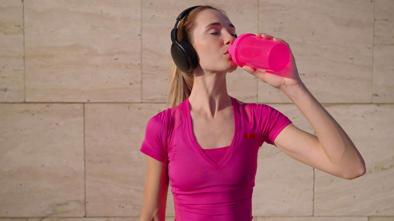 mujer haciendo ejercicio y bebiendo bebidas deportivas