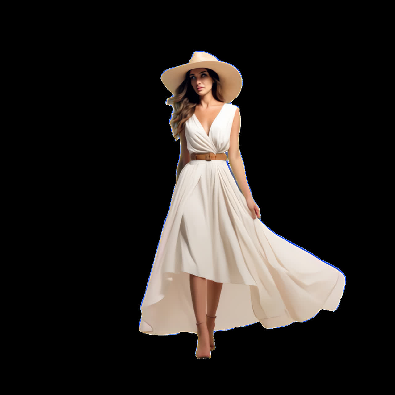 Elegant woman in flowing dress animation isolated asset, transparent 4K video, alpha channel, ProRes