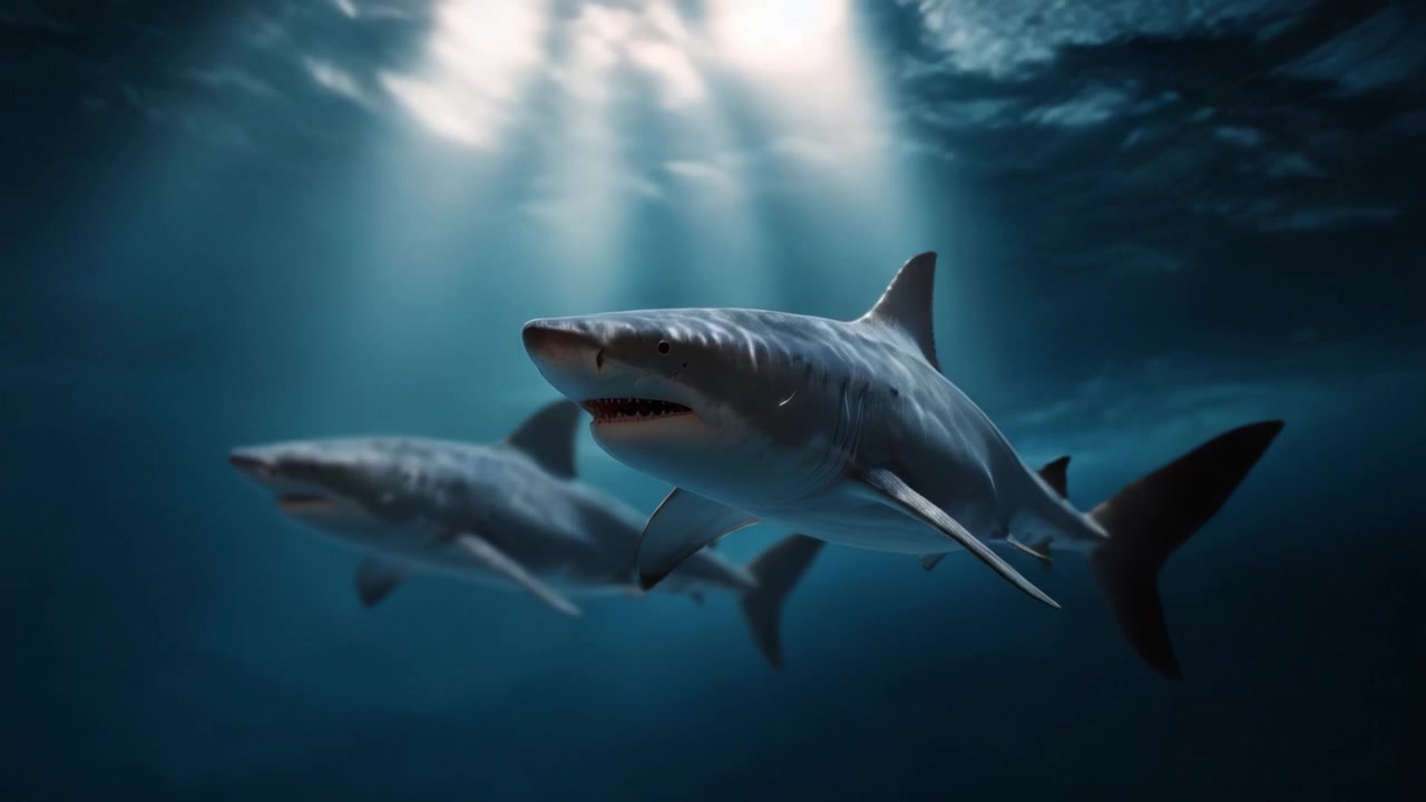 A Stunning Underwater Encounter with Two Majestic Sharks Gliding Gracefully in the Mysterious Blue Depths, Illuminated by Soft Sunlight Filtering Through the Surface.