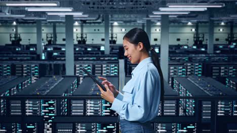 vista lateral de una mujer de negocios asiática usando una tableta en el centro de datos