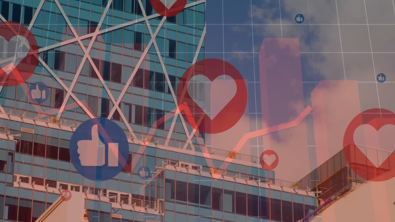 소셜 미디어 심장 아이콘의 애니메이션과 도시 풍경에 대한 금융 데이터 처리