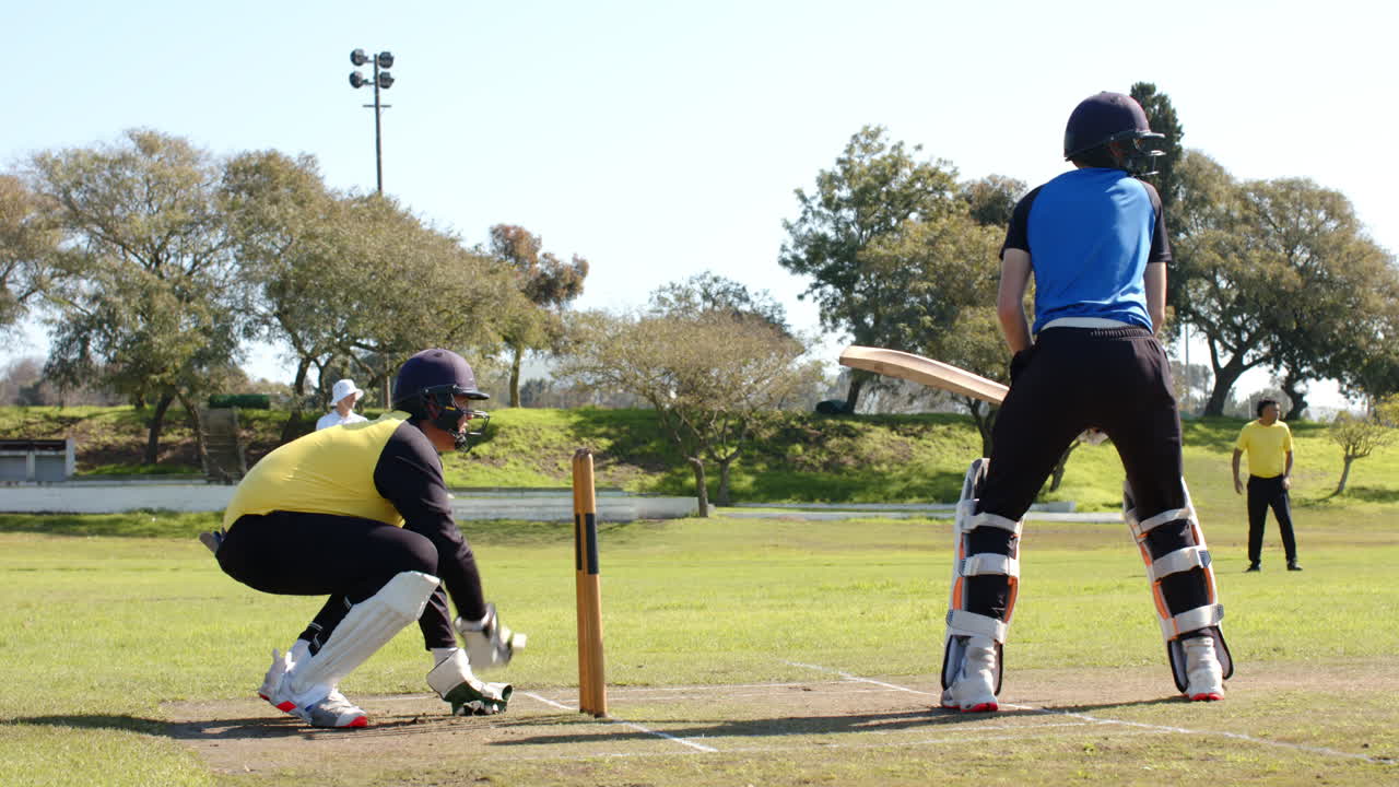 Cricket players in action on sunny day, batsman swinging at ball