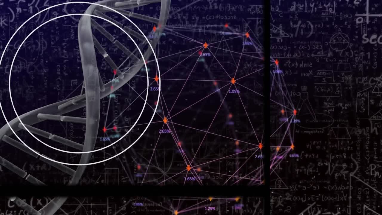검은색 배경에 수학 수식과 연결 네트워크에 대한 dna 사슬의 애니메이션
